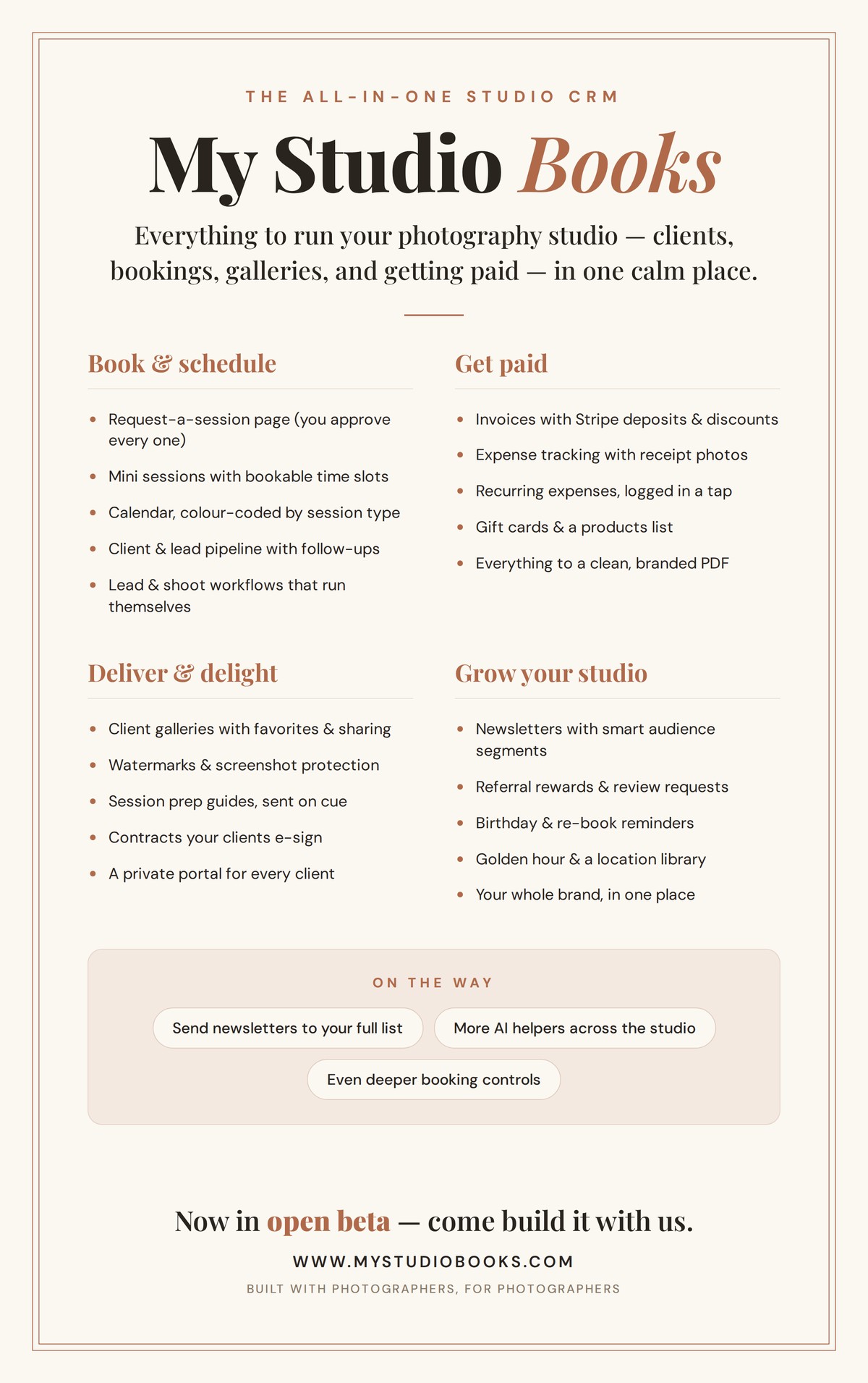 Everything My Studio Books does — clients, bookings, galleries, and getting paid, in one place